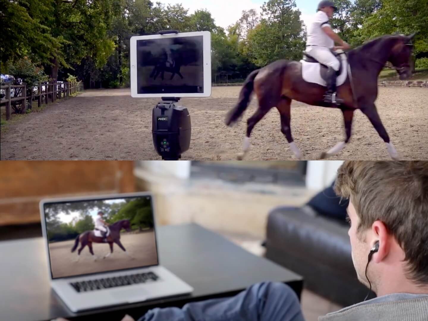 Athlete riding horse filmed hands-free with PIXEM 2 auto-follow robot